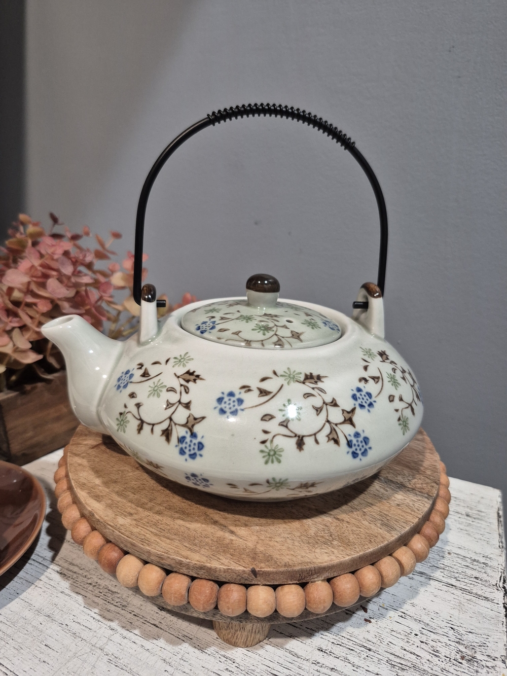 Pier 1 Hand Painted Porcelain Teapot with Blue & Brown Floral Motif